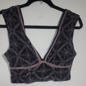 Free People Black and Pink Embroidered Crop Top